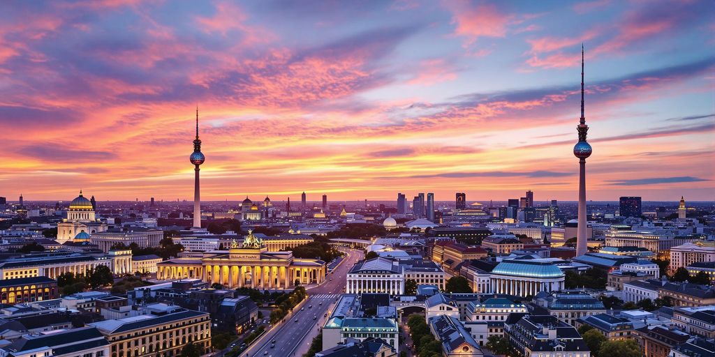 Berliner Skyline von einem Hotelbalkon mit Sonnenuntergang.