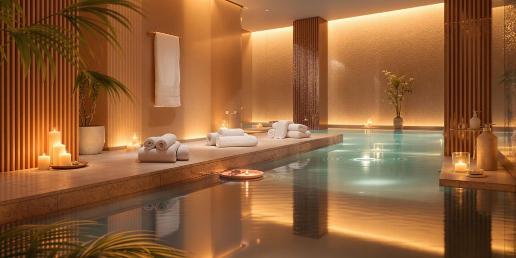 Entspannende Spa-Umgebung mit warmem Licht und Handtüchern.