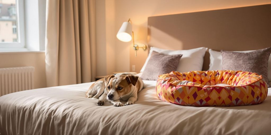 Hundefreundliches Hotelzimmer mit Hund auf dem Bett.