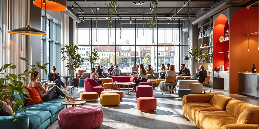 Innovatives Hotelinterieur mit modernen Möbeln und natürlichem Licht.