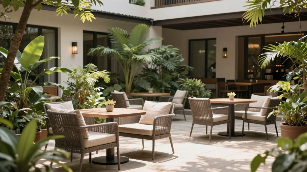 Ruhiges Hotel im Grünen mit Sitzgelegenheiten